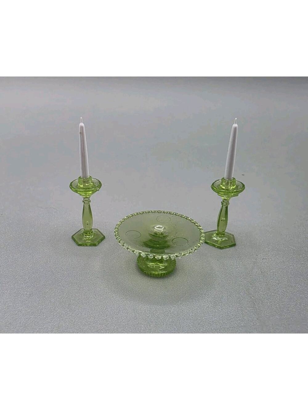 Miniature Transparent Green Cake Plate & Candle Sticks Dollhouse 1:12 Scale